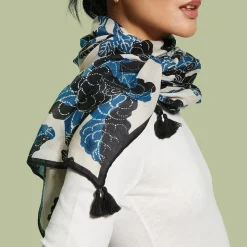 Blue & White Stylized Birds Oversize Oblong Scarf