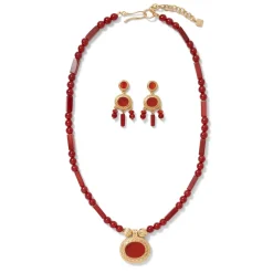 Classical Carnelian Pendant Necklace And Chandelier Earrings Set