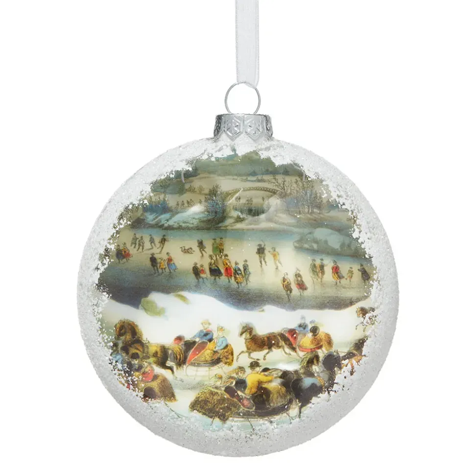 Currier & Ives Central Park In Winter Glitter And Glass Disc Ornament