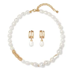 Cypriot Twist Pearl Necklace And Triple-Hoop Earrings Set