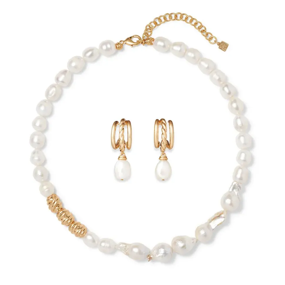 Cypriot Twist Pearl Necklace And Triple-Hoop Earrings Set