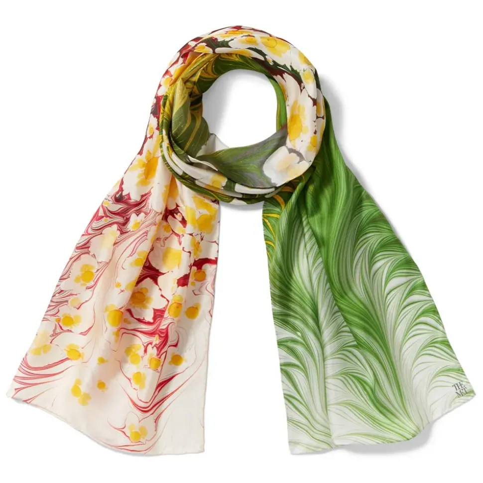Daisy Garden Marbled Paper Oblong Silk Scarf
