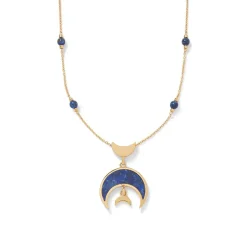 Fatimid Lapis Crescent Long Beaded Chain Pendant Necklace