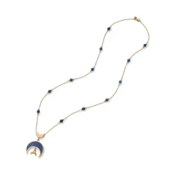 Fatimid Lapis Crescent Long Beaded Chain Pendant Necklace