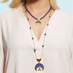 Fatimid Lapis Crescent Long Beaded Chain Pendant Necklace