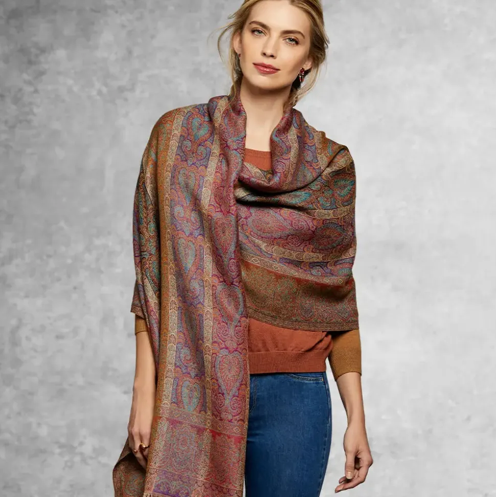 French Paisley Striped Oversize Wool-Blend Shawl