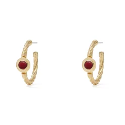 Garnet Cabochon Twisted Hoop Earrings