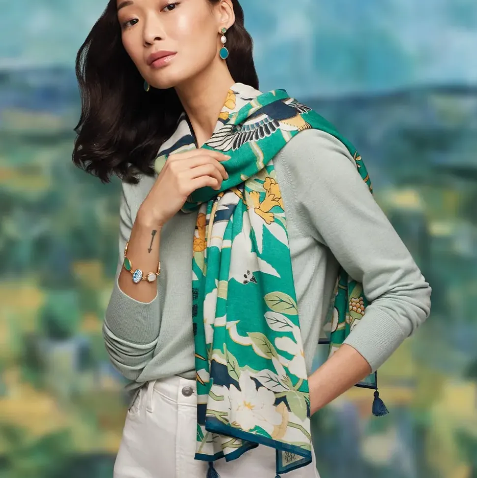 Ming Birds And Flowering Branches Oversize Oblong Scarf