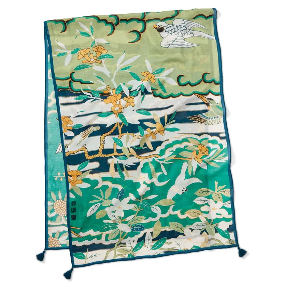 Ming Birds And Flowering Branches Oversize Oblong Scarf