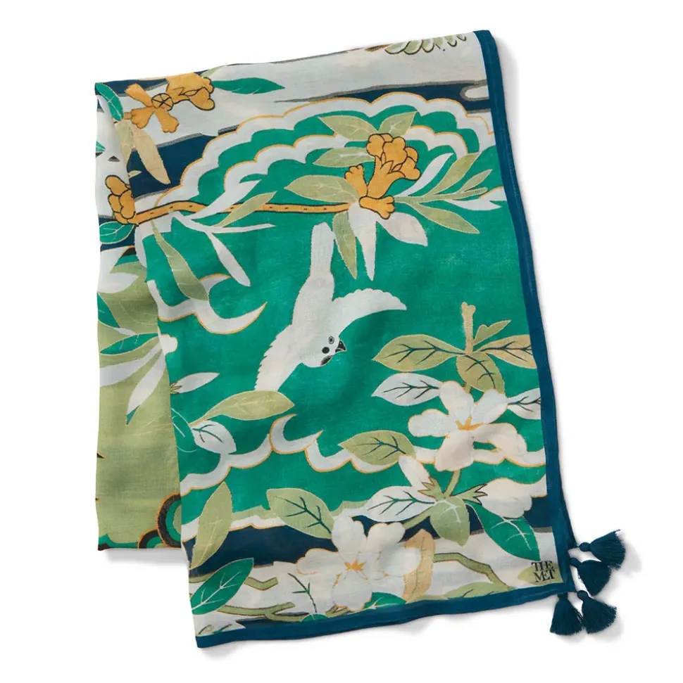 Ming Birds And Flowering Branches Oversize Oblong Scarf