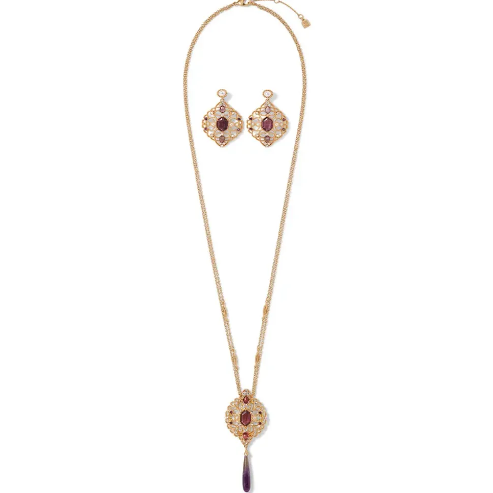 Turkish Amethyst Long Pendant Necklace And Statement Earrings Set