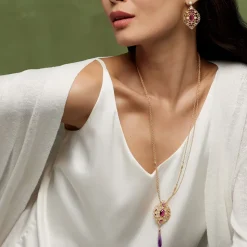 Turkish Amethyst Long Pendant Necklace And Statement Earrings Set